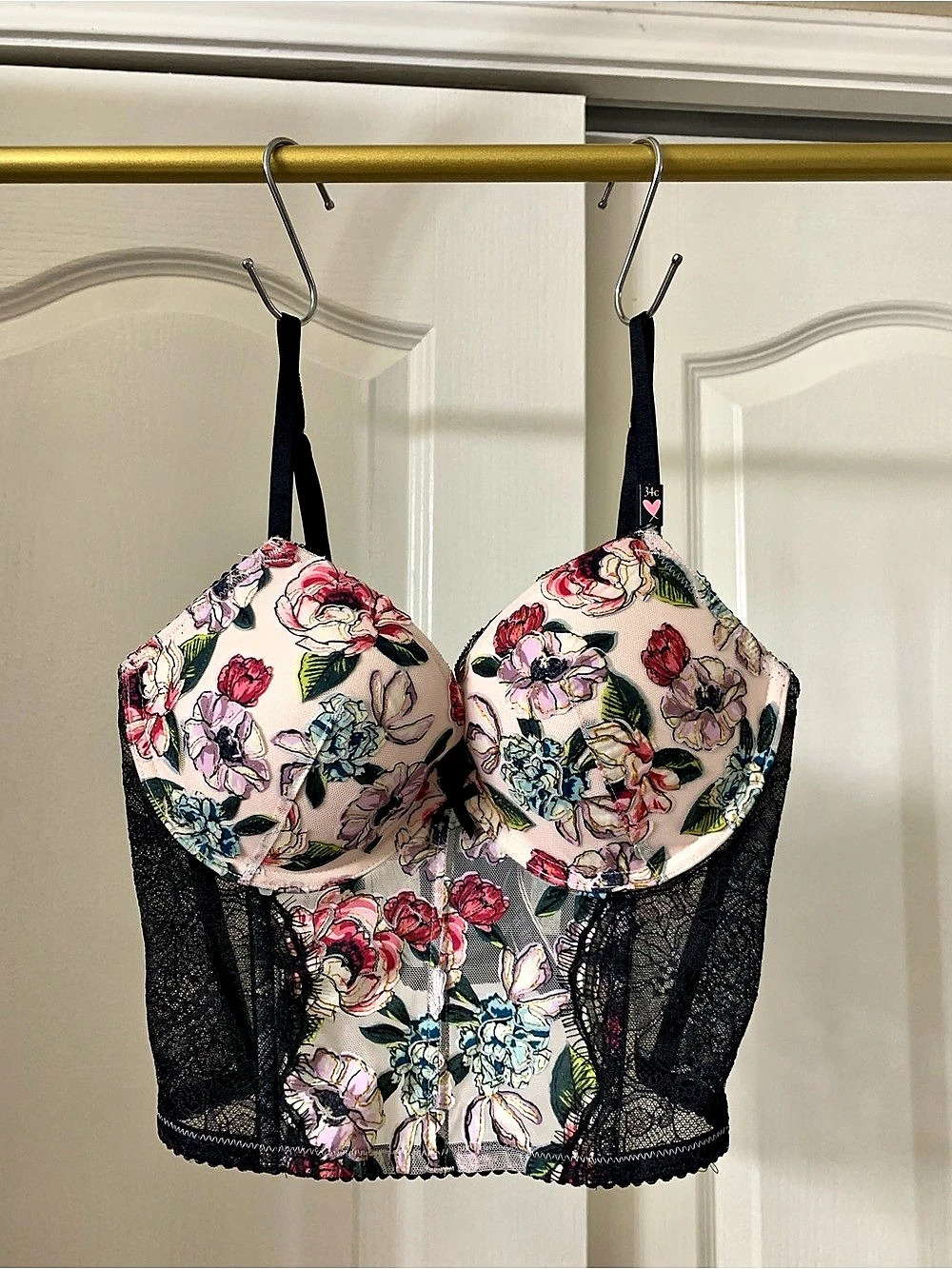 Victoria's Secret Floral Bustier Bra in Pink & Black 34C NWT
